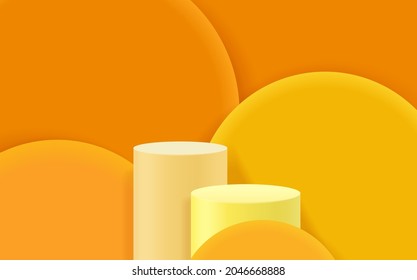 Abstract 3D cylinder pedestal podium with geometric cube platform. Modern vector rendering for product presentation. 