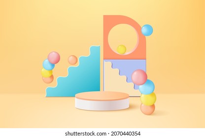 Abstract 3d cylinder pedestal podium with layered wavy shape backdrop Premium Vector
