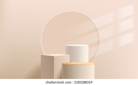 Abstract 3D cylinder pedestal podium with beige geometric cube platform. Light brown minimal wall scene with window lighting. Modern vector rendering for cosmetic product presentation. 