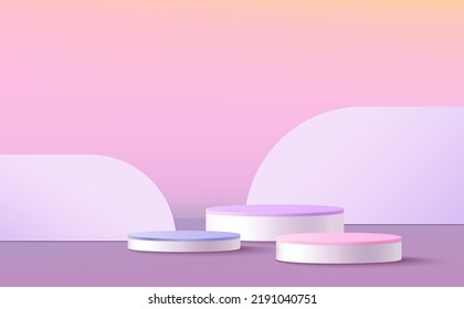 Abstract 3D cylinder pedestal podium with pastel minimal wall scene and shadow. Modern vector rendering geometric platform for cosmetic product display presentation.