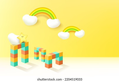 Abstract 3D cylinder pedestal podium with minimal wall scene with cloud and rainbow. 
Modern vector rendering geometric platform for kids product display presentation.