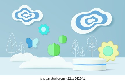 Abstract 3D cylinder pedestal podium with geometric cube platform. Light natural wall scene. Modern vector rendering for product presentation. 