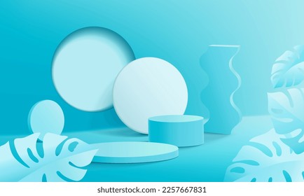 Abstract 3D cylinder pedestal podium with pastel geometric cube platform. Light minimal wall scene with circle window lighting. Modern vector rendering for product presentation. 