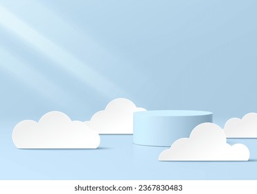 Abstract 3D cylinder pedestal podium background with white cloud in paper cut style on blue scene. Minimal mockup or product display presentation, Stage showcase. Platforms vector geometric design.