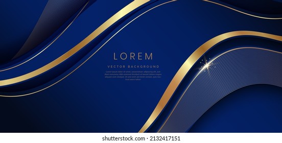 Abstract 3d Dark Blue Background With Ribbon Gold Lines Curved Wavy Sparkle With Copy Space For Text. Luxury Style Template Design. Vector Illustration