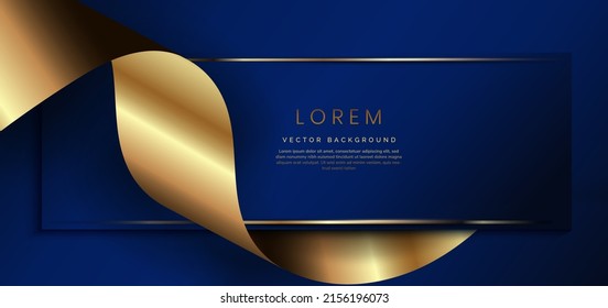 Abstract 3d dark blue background with ribbon gold lines curved wavy sparkle with copy space for text. Luxury rectangle frame template design. Vector illustration