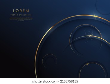 Abstract 3d dark blue circles layer background with gold lines curved  sparkle with copy space for text. Luxury style template design. Vector illustration