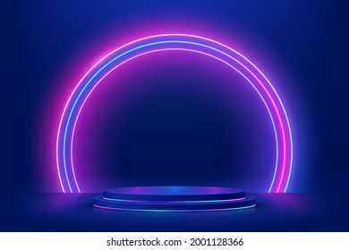 Abstract 3D dark blue cylinder pedestal podium with glowing semicircle neon backdrop. Technology futuristic scene. Sci-fi platform concept. Modern vector rendering for product display presentation