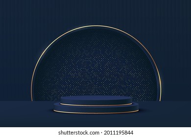 Abstract 3D Dark Blue Cylinder Pedestal Podium With Golden Semi Circle And Glitter Background. Luxury Dark Blue Wall Scene For Product Display Presentation. Vector Rendering Geometric Platform Design.