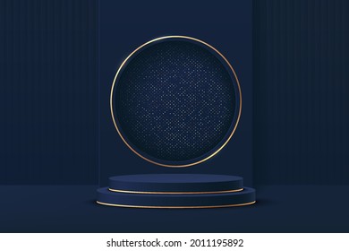 Abstract 3D dark blue cylinder pedestal podium with golden circle and glitter backdrop. Luxury dark blue wall scene for product display presentation. Vector rendering minimal geometric platform design