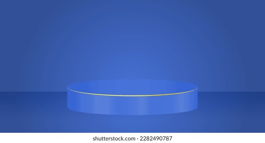 Resumen de podio cilíndrico 3D azul oscuro con semicírculo dorado. Lujoso escenario de pared azul oscuro para la presentación de productos. Representación vectorial del diseño geométrico de la plataforma.