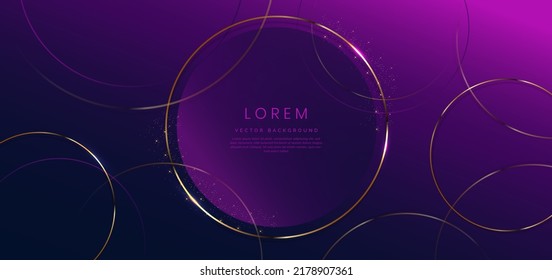 Abstract 3d Dark Blue And Purple Circles Layer Background With Gold Lines Curved Sparkle With Copy Space For Text. Luxury Style Template Design. Vector Illustration