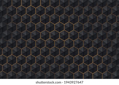 Resumen del patrón 3d hexágono oscuro en el estilo de lujo de fondo claro dorado. Diseño moderno de banner web de forma geométrica futurista. Puede usar para plantillas de portada, afiches, volantes, anuncios impresos. EPS10 vectores