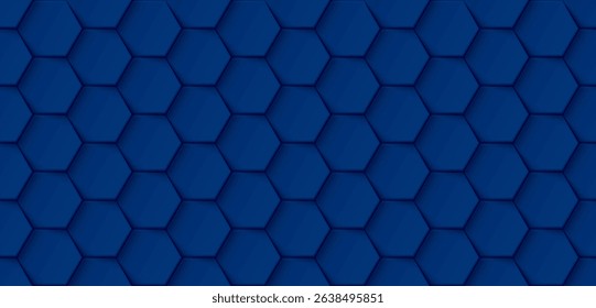 Abstract 3D deep blue hexagonal plates arranged seamless pattern graphic illustration.