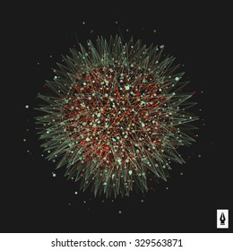 Abstract 3d design element, emblem. Different lights dots on black background. Vector illustration.