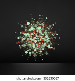 Abstract 3d design element, emblem. Different lights dots on black background. Vector illustration.