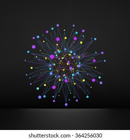 Abstract 3d design element, emblem. Different lights dots on black background. Vector illustration.