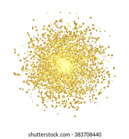Abstract 3d design element, emblem. Different gold lights dots on white background.  Glitter Texture. Explosion of Confetti Circles. Vector illustration.