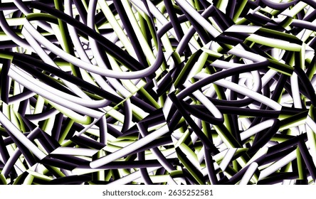 Abstract 3D design with twisted black, white, and green tubes, creating a chaotic and modern visual pattern. Ideal for tech, digital art, or backgrounds.