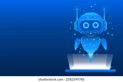 Abstract 3D digital AI robot floating over cellphone. Technology innovation background. Blue polygonal futuristic assistant robot. Low poly technology background