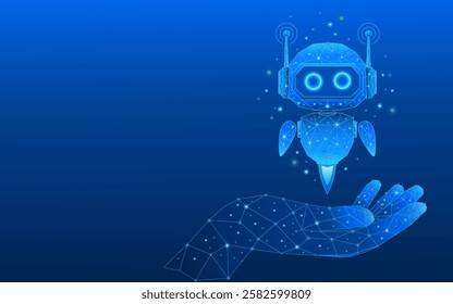 Abstract 3D digital AI robot floating above a wireframe human hand. Chatbot assistant or AI bot. Technology innovation concept. Electronic blue low poly background