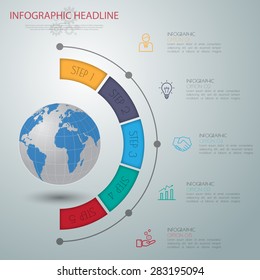 Abstract 3D digital illustration Info graphic with world map.Can be used for workflow layout, diagram, number options, web design.Vector/illustration.