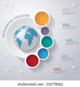 Abstract 3D digital illustration Infographic with world map.Can be used for workflow layout, diagram, number options, web design.Vector/illustration.