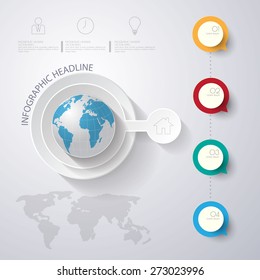 Abstract 3D digital illustration Infographic with world map.Can be used for workflow layout, diagram, number options, web design.Vector/illustration.