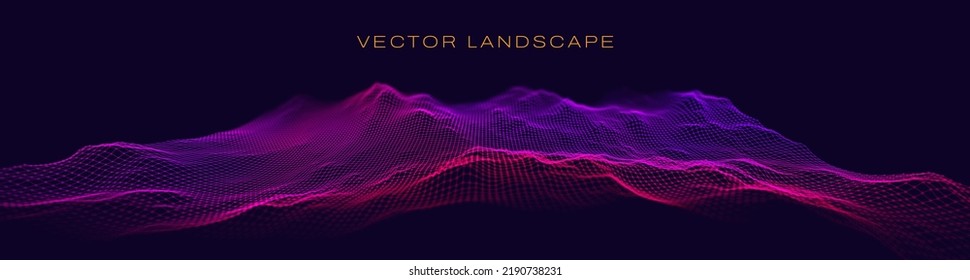 Abstract 3D Digital Landscape With Particles Dots and Lines. Wireframe Landscape Background. Futuristic Vector Illustration.  Geography Concept. Wavy Backdrop. Space surface HUD Design.