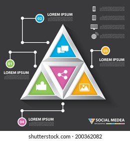 Abstract 3D digital modern triangle social media infographic can be used for workflow layout, diagram, options, web design, brochure, flyer, leaflet, infographics, template. Vector illustration