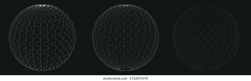 Abstract 3D digital spheres made of square grid elements on dark background. Futuristic technology concept representing data, network, artificial intelligence, cyberspace, and digital transformation