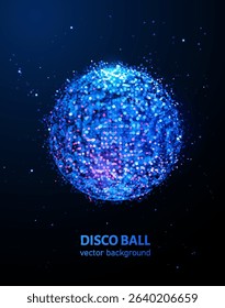 Abstract 3D disco sphere made of glowing geometric particles. Perfect for music festival posters, retro-futuristic branding, or NFT party visuals. Dark background with vibrant neon hues