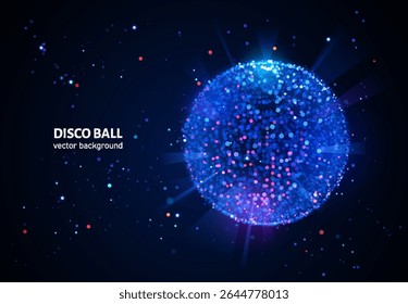 Esfera disco 3D abstrata feita de partículas geométricas brilhantes. Perfeito para pôsteres de festivais de música, marcas retro-futurísticas ou visuais de festa NFT. Fundo escuro com tons de néon vibrantes