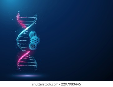 Abstract 3d DNA molecule helix with cutted part and cogwheels. Crispr cas9 system. Gene editing, genetic biotechnology engineering concept. Low poly style design. Wireframe graphic structure. Vector