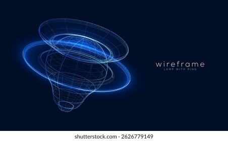 Abstract 3D dot particle wireframe lamp with rings. Geometric blue light bulbs glowing on blue background. Futuristic technology concept. Vector illustration