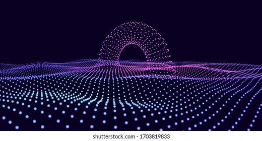 Abstract 3d dotted wave with merged torus. Futuristic digital  retro style. Perspective grid particles  with arch on dark background. Futuristic vector concept  3d arch like time portal,  target 