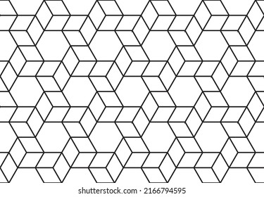 Abstract 3d effect cube shapes wrap around hexagons in a repeating geometric pattern of straight black outlines against a white background, vector illustration