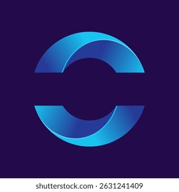 Abstract 3D effect sphere elements logo. Blue color top and bottom spiral style sectors with horizontal placeholder for text. Letter C or O symbol.