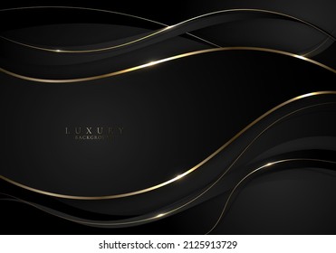 Abstract 3D elegant black wave curve shape background with golden wavy lines and lighting. Luxury style. Vector illustration