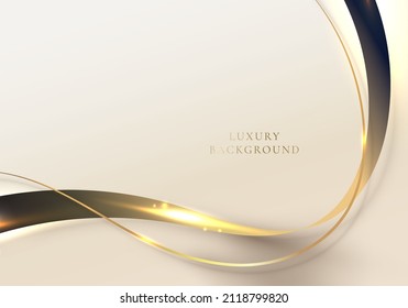 Abstract 3D elegant golden wave lines and lighting effect on cream background. Luxury style. Vector illustration