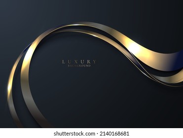 Abstract 3D elegant golden wave curved lines and lighting effect on black background. Luxury style. Vector illustration