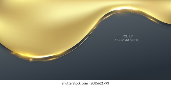 Abstrakte 3D elegante, moderne Design-Vorlage Banner Web-Design goldene Wellenform und Linie mit glitterem Licht funkelnd auf schwarzem Hintergrund. Vektorgrafik-Illustration