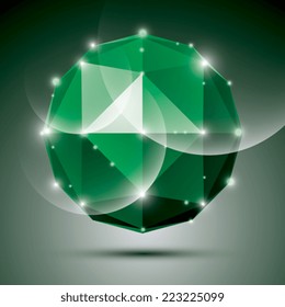 Abstract 3D emerald festive sphere with sparkles, green glossy disco ball created from triangles, eps10.