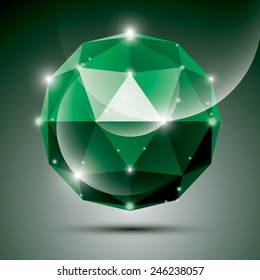 Resumen esfera brillante esmeralda 3D con chispas, orb gloso verde creado a partir de triángulos, eps10.