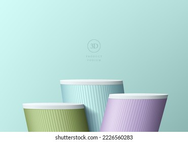 Abstract 3D empty room background with steps realistic blue, green, purple cylinder stand podium. Pastel minimal wall scene for mockup product display. Geometric forms design. Round stage showcase.