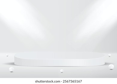 Abstract 3D empty white round podium and spotlight on white wall. Display realistic element geometric blank stage for product pedestal, cosmetic stand, showcase, exhibition, fashion stage. Vector
