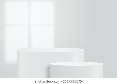 Abstract 3D empty white round podium and window light blur on white wall. Display realistic element geometric blank stage for displaying products, cosmetic presentation, showcase, exhibition. Vector
