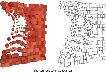 abstract 3d exploding wall in different shade of red