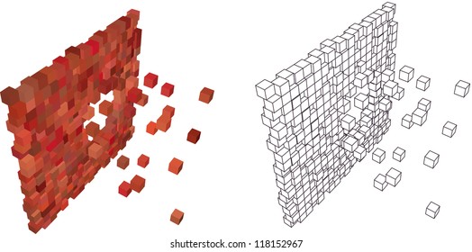 abstract 3d exploding wall in different shade of red