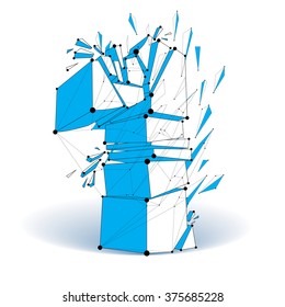 Abstract 3d faceted blue number 1 with connected black lines and dots. Vector low poly shattered design element with fragments and particles. Explosion effect.